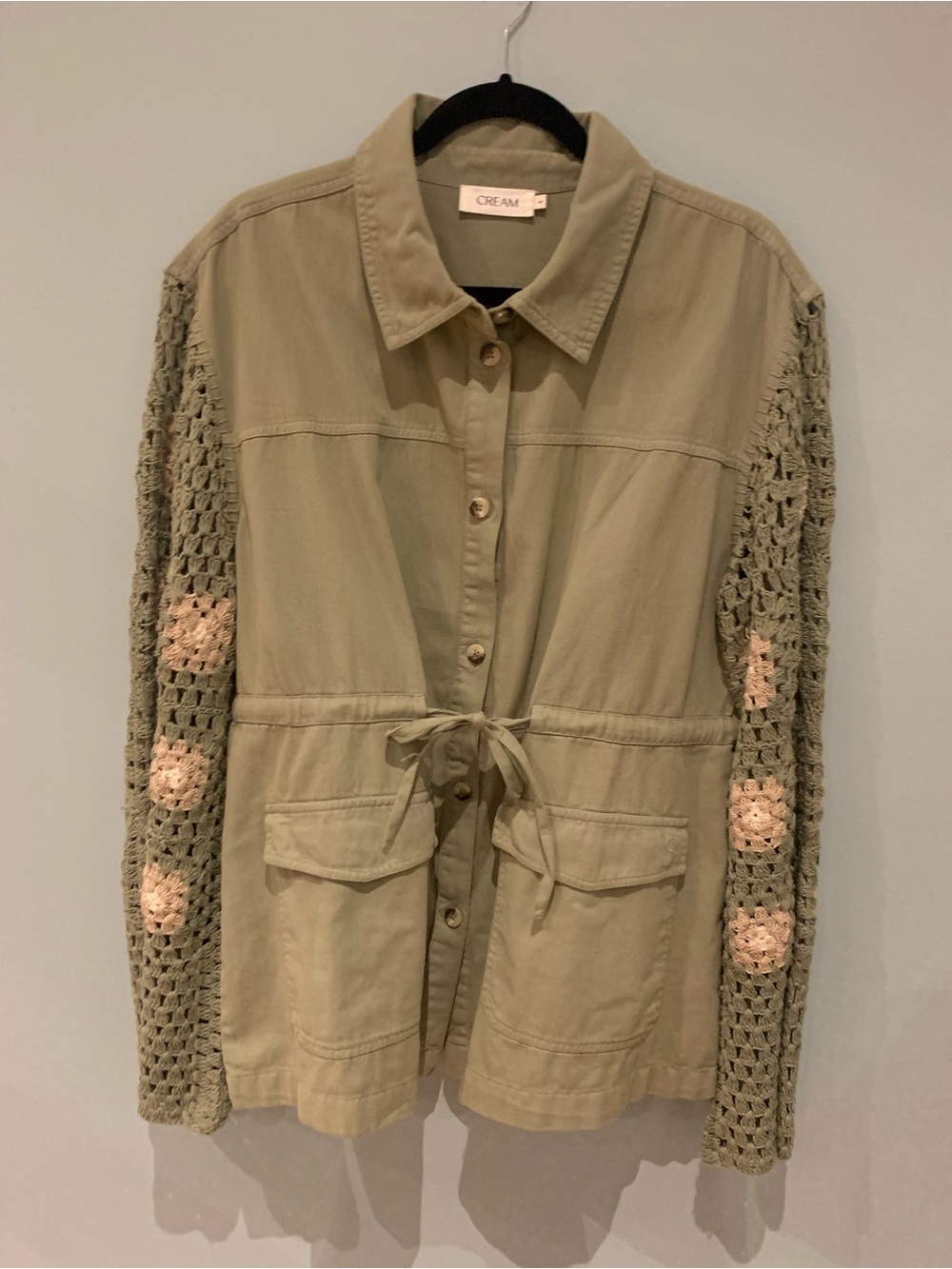 CREAM Olive Crochet-Sleeve Utility Jacket